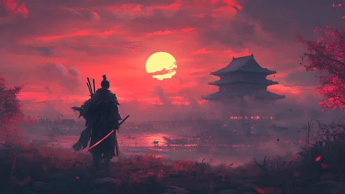 Samurai silhouette observes misty temple under red sunset