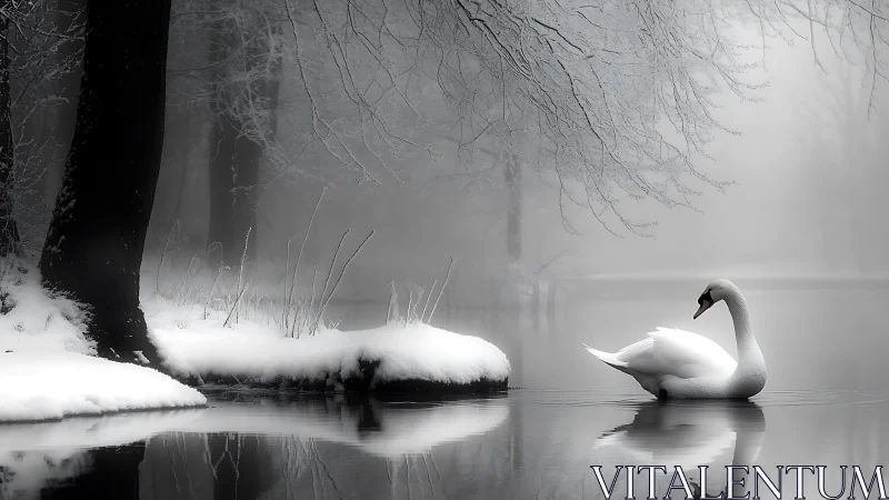 Graceful swan on winter lake in serene, misty monochrome landscape.