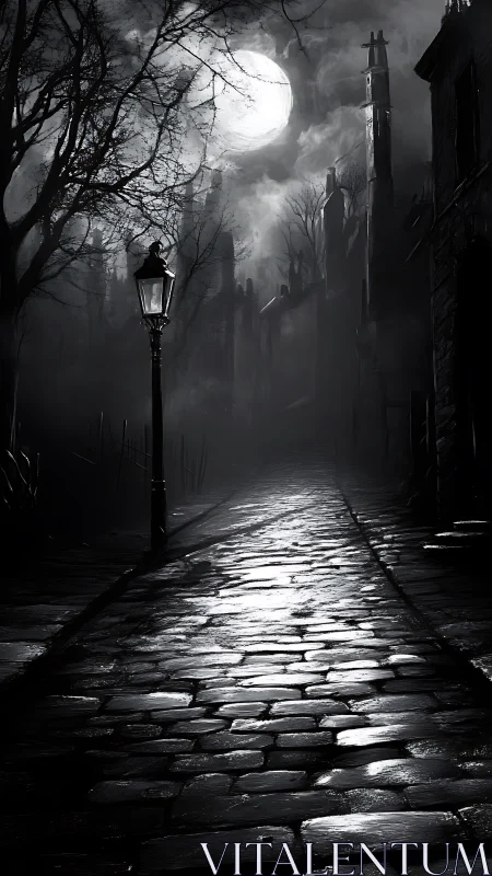 Moonlit cobblestone lane wrapped in quiet gothic mystery.