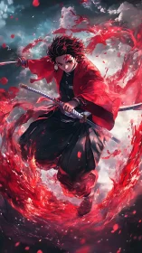 Storm-sworn swordsman wrapped in a blazing red vortex.