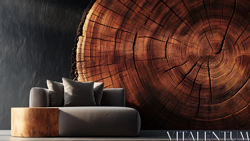 Modern sofa before dramatic giant tree ring mural wall.