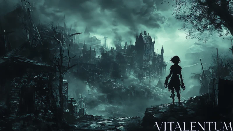 Silhouetted wanderer surveys ruined gothic citadel at dusk.