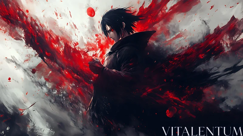 Brooding anime warrior in red-black energy vortex burst