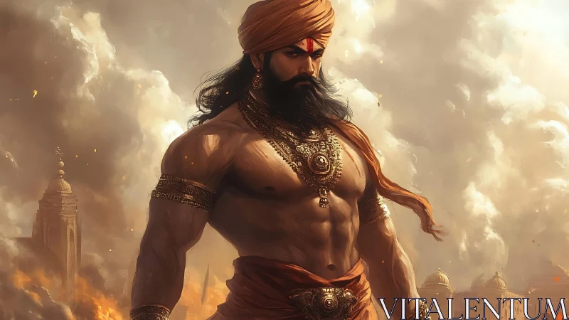 Digital warrior figure stands before burning domed cityscape