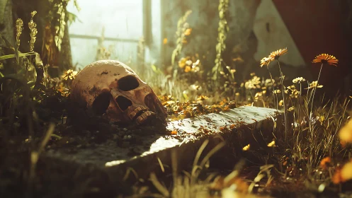 Human skull rests on mossy stone amid overgrown wildflowers