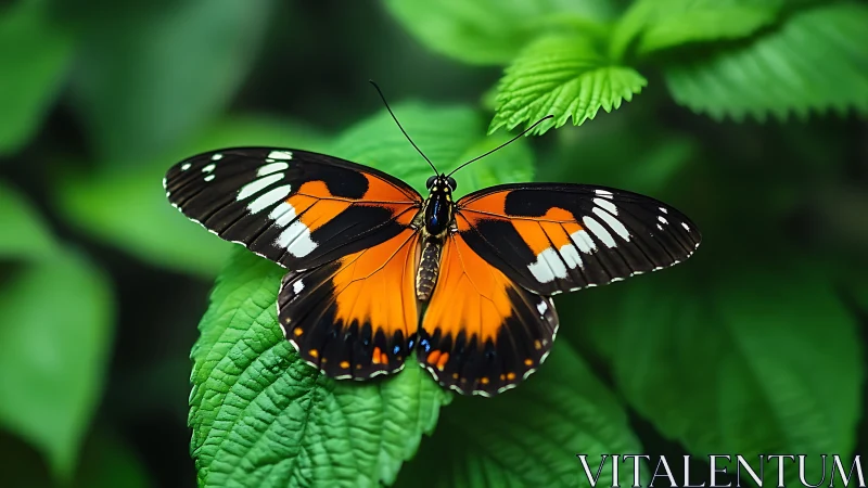 Emerald garden stage for a monarch-bright resting butterfly.