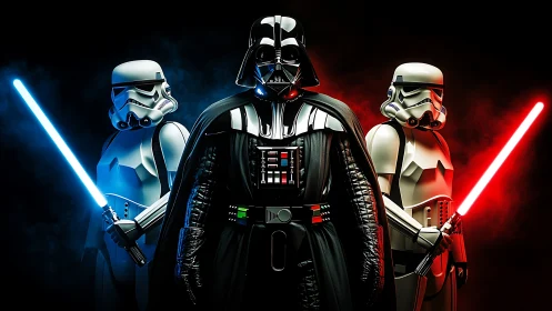 Dark warlord commands twin-lit troopers in neon mist