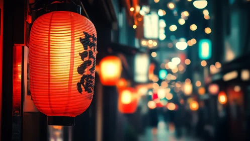 Red paper lantern hangs in sharp focus beside blurred alley