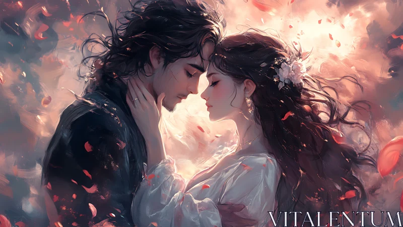 Ethereal lovers embrace amid fiery light and swirling energy.