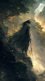 Cloaked warrior overlooks burning valley in high fantasy dawn.