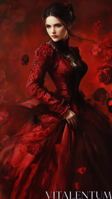 Victorian-inspired woman in flowing crimson gown amid painterly roses