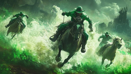 Emerald storm riders charge through spectral racing waters.
