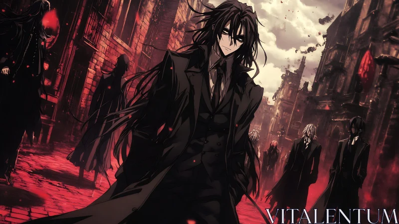 Anime figures in dark suits on red lit urban street.