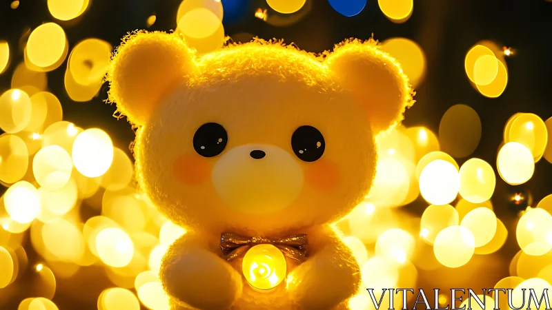 Plush bear figure with handheld light amid bokeh field.
