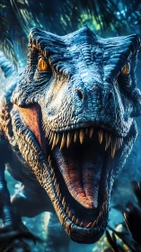 Ferocious dinosaur roars in lush prehistoric jungle closeup.