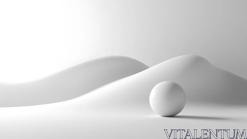 Minimalist white sphere resting before soft abstract dunes.