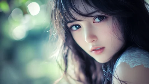 Soft gaze in a dreamy garden of gentle pastel light.