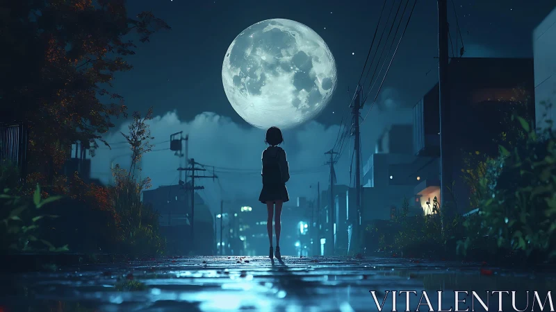 Luminous supermoon above rain-slicked suburban avenue at night.