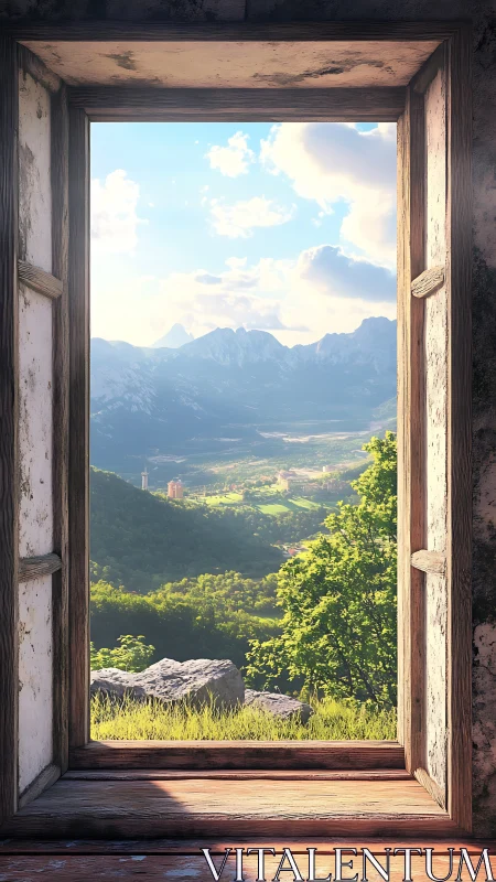Sunlit open window welcomes a peaceful mountain valley view