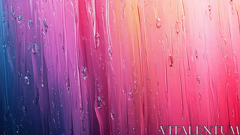 Water droplets streak down multicolor gradient glass surface
