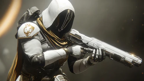 Hooded sci fi guardian aiming rifle in golden haze.