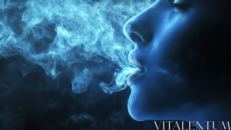 Photorealistic side profile exhaling luminous blue vapor stream.