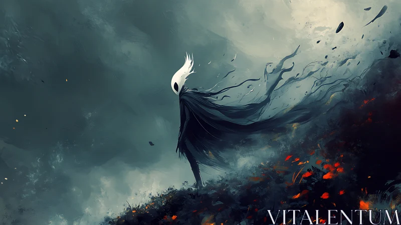 Lone white-masked wanderer moves through stormlit embers