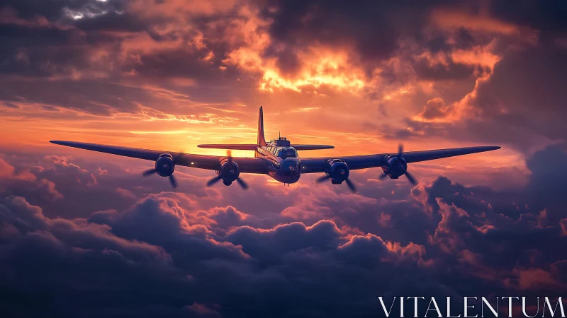 Vintage four‑engine bomber aircraft over sunset clouds.