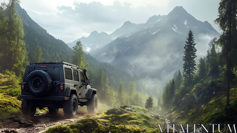 Rugged off road SUV welcomes dawn in misty mountain valley