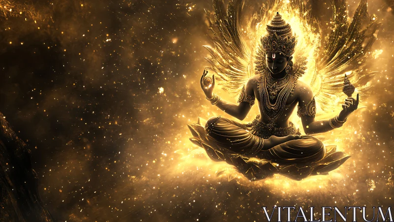 Winged meditative deity figure is rendered in luminous gold