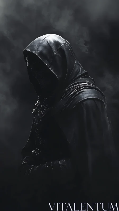 Hooded skeletal figure rendered in high contrast monochrome lighting