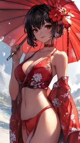 Red parasol beach scene with floral bikini character.