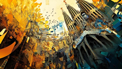 Fractured cathedral skyline rendered with cubist fragmentation and depth