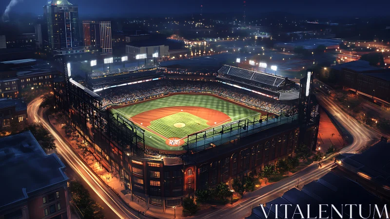 Nighttime aerial view of illuminated urban baseball stadium.