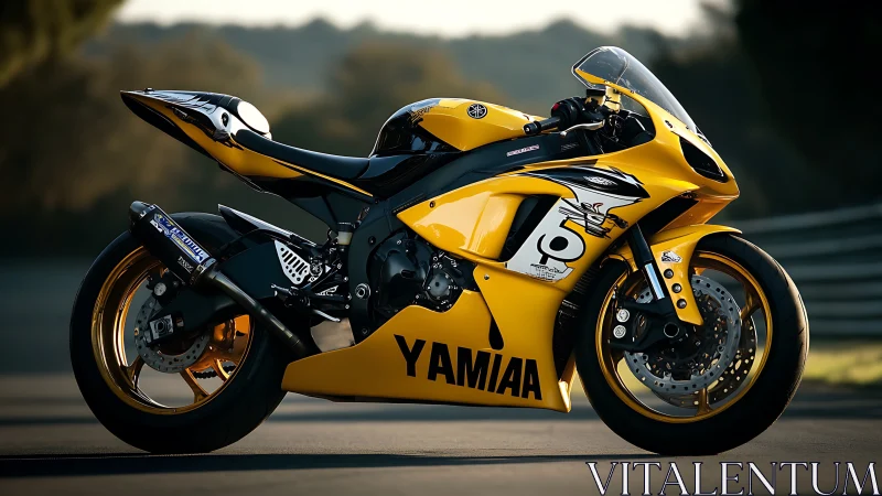 Yellow sport motorcycle with race livery on track surface.