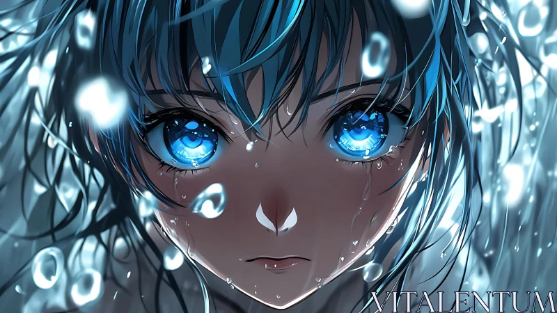 Cinematic anime portrait isolates blue-eyed girl in rainfall