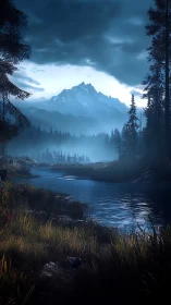 Digital painting of alpine river valley under moody twilight.