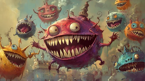 Floating spherical monsters above stylized urban skyline.