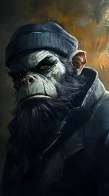 Anthropomorphic ape in dark coat and beanie, side profile.