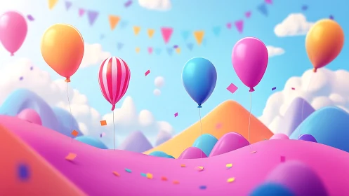 Balloons soar through a vibrant sky landscape.