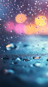 Macro bokeh rainfall with neon reflections on glass surface.