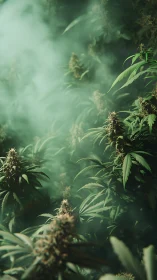 Cannabis buds glow inside dense green vapor haze field