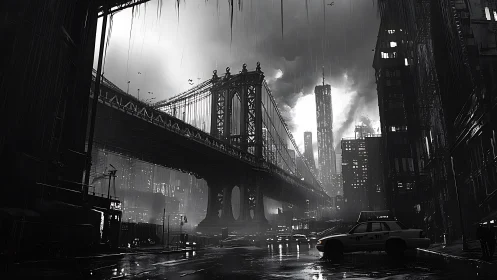 Noir rainstorm under steel suspension bridge in city core