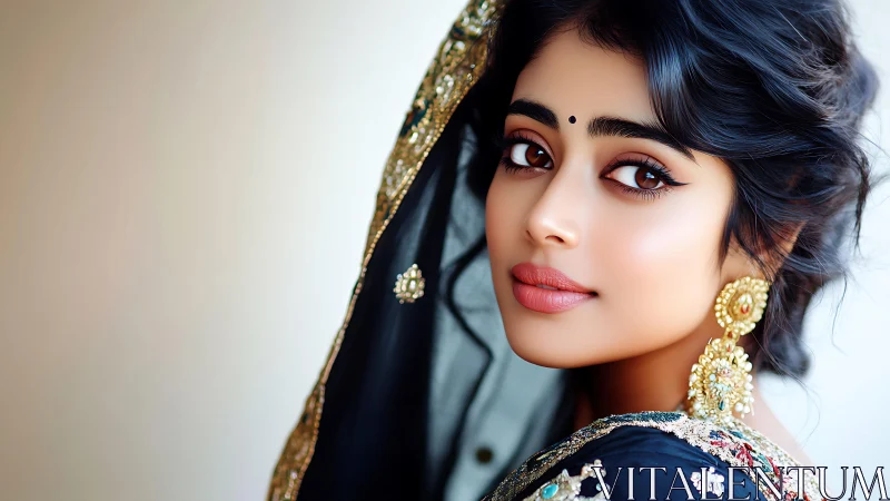Bridal portrait in black sari with gold embroidered detailing.
