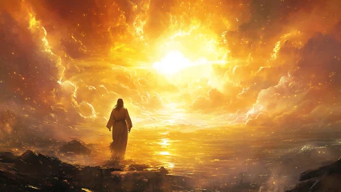 Lone robed wanderer stepping into a blazing celestial dawn.