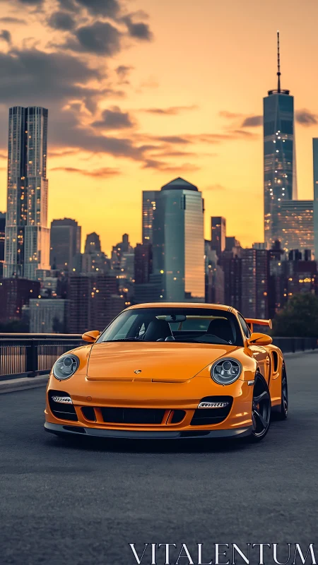 Orange sports car on city bridge at sunset skyline.