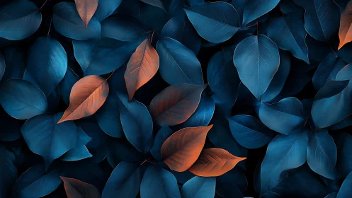 Crimson leaves emerging through deep sapphire foliage pattern.