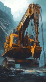 Massive orange mining excavator in a cold rocky canyon.