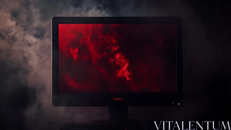 Backlit gaming monitor with red nebula display in studio haze