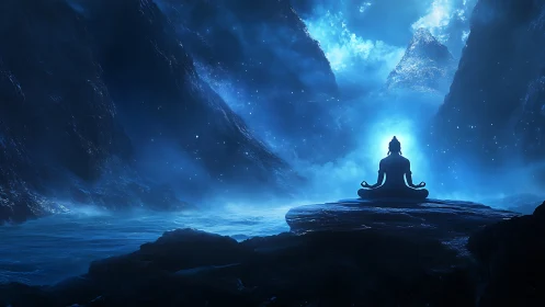 Meditating figure glows in luminous blue cosmic canyon night.